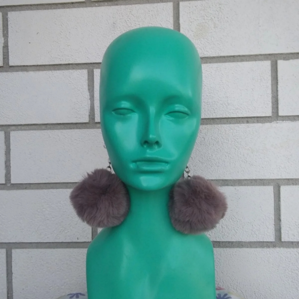Giant Grey Soft Fluffy Puff Ball Pompom Earrings